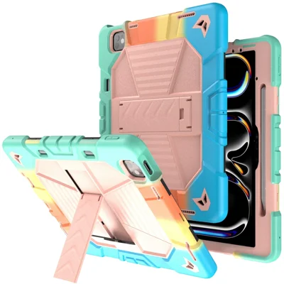 Coque de tablette pour iPad Pro 13 (2025) / (2024) avec support pivotant, housse de protection antichoc en PC + silicone - Rose arc-en-ciel