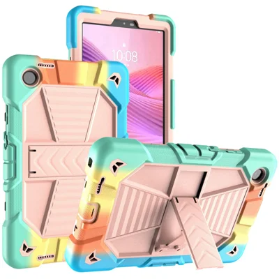 Capa para Tablet Lenovo Tab K9 com Suporte, Capa Protetora à Prova de Choques em PC + Silicone - Arco-Íris+Rosa