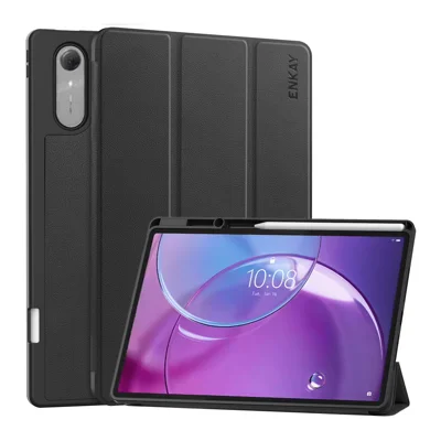För Lenovo Idea Tab Pro Gen 2 ENKAY Tri-Fold Ställ Tablet Låda PU Läder+TPU Smart Lock med Pennhållare - Svart