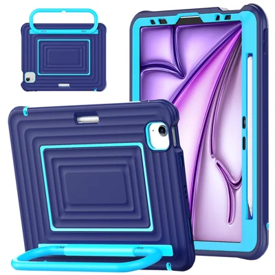 Tablet-Hülle für iPad Air 11 (2026) / (2025) / (2024) / Air (2022) / (2020) / iPad Pro 11 (2022) / (2021) / (2020) / (2018) Wellenmuster Silikon-PC-Schutzhülle mit Ständer und Schultergurt – Marineblau