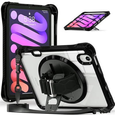 Coque pour tablette iPad mini (2024) / (2021) avec support inclinable, coque transparente PC TPU antichoc intégrale avec dragonne rotative 360° / sangle d'épaule - Noir