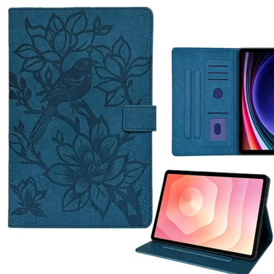 Custodia per Tablet Amazon Fire HD 10 (2019) / (2017) / (2015) con Motivo Ricamato di Gazza, Rivestimento Protettivo TPU e PU con Supporto Regolabile e Fessole per Schede - Blu