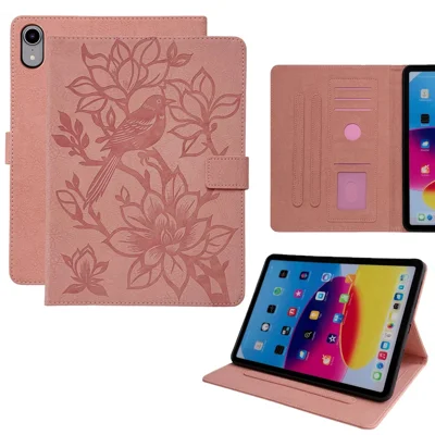 Coque pour tablette iPad mini (2024) / (2021) motif Pie en relief, housse de protection TPU PU avec emplacements pour cartes - Rose