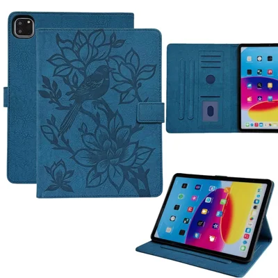 Coque pour tablette iPad Pro 13 (2025) / (2024) avec motif gravé de pies et fleurs, housse de protection TPU PU avec fentes pour cartes - Bleu