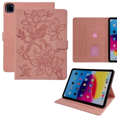 Tablet-Hülle für iPad Air 13 (2026) / (2025) / (2024) / Pro 12,9 (2021) / (2020) / (2018), geprägtes Elster-Muster, TPU-PU-Schutzhülle mit Kartenfächern – Rosa