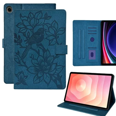 Tablet-Hülle für Samsung Galaxy Tab A11 / A9, geprägtes Elster-Muster, TPU-PU-Schutzhülle mit Kartenfächern – Blau