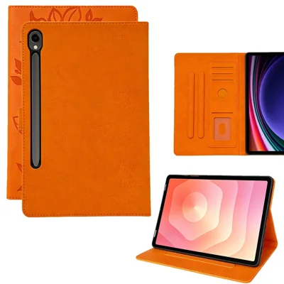 Tablet-Hülle für Samsung Galaxy Tab S10 Lite / S10 FE+ / S9 FE / S9, geprägtes Magierblumenmuster, TPU-PU-Schutzhülle mit Kartenfächern – Orange