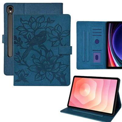 Funda para tableta Samsung Galaxy S9 / S8 / S7 con diseño en relieve de urraca, carcasa protectora TPU PU con ranuras para tarjetas - Azul