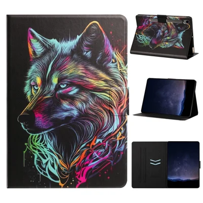 Funda de tableta para Samsung Galaxy Tab S9 / Tab S9 FE, funda con soporte de cuero con ranuras para tarjetas, diseño magnético con patrón de piel de lichi, color de lobo multicolor