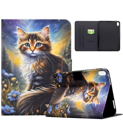 Étui pour iPad mini (2024) / (2021) avec motif imprimé, support en cuir pour tablette avec fentes pour cartes - Chat sous la nuit étoilée