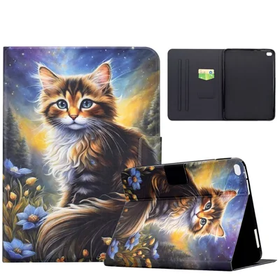 For iPad 9.7-inch (2018) / (2017) Case Pattern Printing Stand Leather Tablet Cover with Card Slots - Starry Night Cat