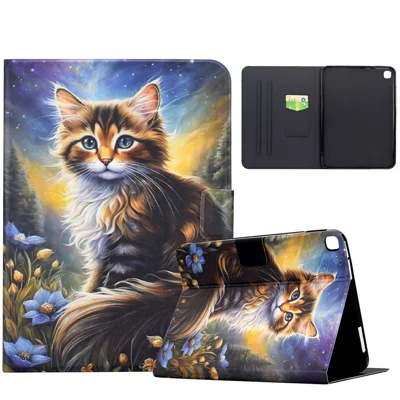 غطاء لوحي لجهاز iPad 10.2 (2021) / (2020) / (2019) غطاء جلد بنمط طباعة مع حامل وفتحات لوضع البطاقات - قطة ليلة كواكبية