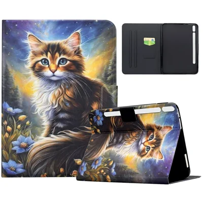 Für Samsung Galaxy Tab S9+ Hülle Musterdruck Ständer Leder-Tablet-Hülle mit Kartenfächern – Sternennacht Katze