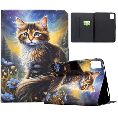 Etui z nadrukiem dla Lenovo Xiaoxin Pad 11 2025, etui ze stojakiem z kory oblanej, etui na tablet z kieszeniami na karty - Kot w nocnych gwiazdach
