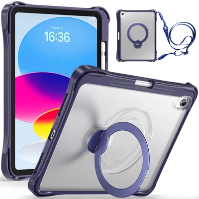 For iPad (2025) / iPad 10.9 (2022) Case Rotating Kickstand PC + TPU Shockproof Tablet Cover with Shoulder Strap - Navy Blue