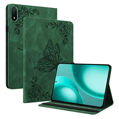 غطاء لوحي من جلد البولي يوريثان المطبوع بتصميم فراشة وزهرة لهاتف Oppo Pad Mini مع فتحات للبطاقات - أخضر
