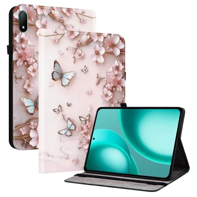 جراب جلد لجهاز Oppo Pad Mini مزود بتصميم مطبوع وحامل قابل للطي مع فتحات لوضع البطاقات - فراشة وردية