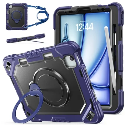 Kickstand Tablet Case for iPad Air 11 (2026) / (2025) / (2024) / Air (2022) / (2020) / Pro 11 (2022) / (2021) / (2020) / (2018) TPU + PC + Silicone Cover with Shoulder Strap - Navy Blue+Black