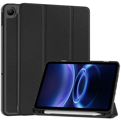 For Xiaomi Redmi Pad 2 SE / Pad 2 9.7 Case Trifold Stand Carbon Fiber Texture Leather Tablet Cover with Pen Slot - Black