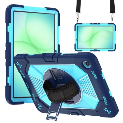 For Samsung Galaxy Tab A11+ / Tab A9+ Case Kickstand PC + Silicone Shockproof Cover with Hand Strap / Shoulder Strap - Navy Blue+Sky Blue
