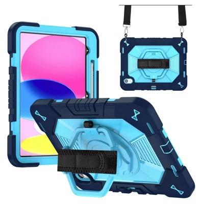 Capa de Tablete PC + Silicone com Suporte Giratório e Alça Ombro para iPad (2025) / iPad 10.9 (2022) com Suporte Ajustável e Porta-Stylus - Azul Marinho + Azul Céu