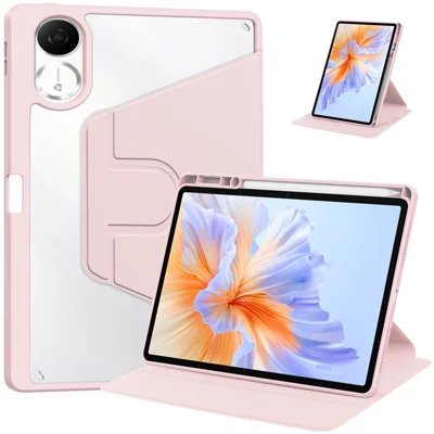  For Xiaomi Redmi Pad 2 11 Case Rotating Stand PU Leather + TPU + Acrylic with Pencil Holder - Pink
