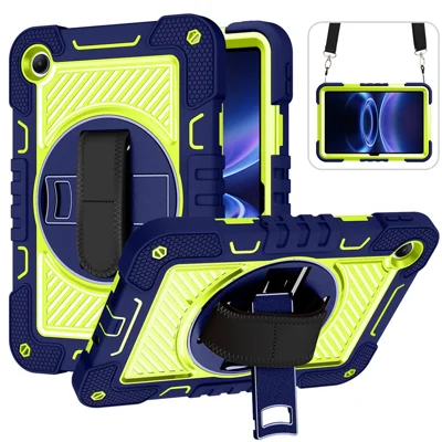 For Xiaomi Redmi Pad 2 SE / Pad 2 9.7 Case Silicone + PC Kickstand Tablet Cover with Shoulder Strap - Navy Blue + Green