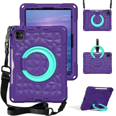Coque tablette avec support pivotant pour iPad Air 11 (2026) / (2025) / (2024) / iPad Pro 11 (2025) / (2024) / (2022) / (2021) / (2020) / (2018) / iPad Air (2022) / (2020) / iPad (2025) / iPad 10,9 (2022), housse PC + EVA avec sangle d'épaule - Violet / Vert menthe