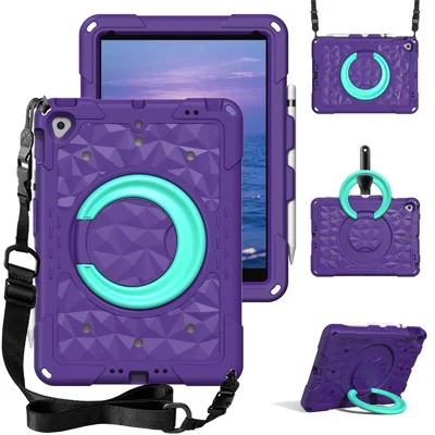 Pokrowiec na tablet z uchwytem ręcznym i podstawką obrotową do iPad 10,2 (2021) / (2020) / (2019) / Air 10,5 cala (2019) / iPad Pro 10,5 cala (2017), pokrowiec PC + EVA z geometrycznym wzorem z paskiem na ramię – fioletowy / jasny zielony