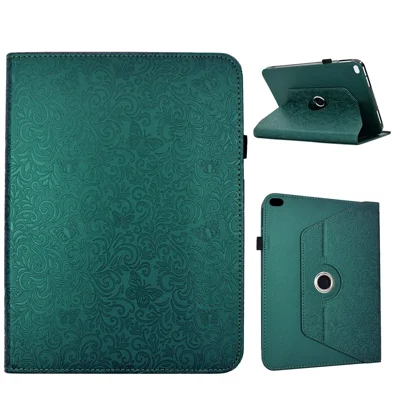 For iPad 9.7-inch (2018) / (2017) Case Butterfly Flower Imrpint Leather Tablet Cover with Rotary Stand Card Holder - Green