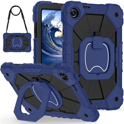 For Xiaomi Redmi Pad 2 SE Case Silicone + PC Hand Grip Kickstand Tablet Cover with Shoulder Strap - Navy Blue+Black