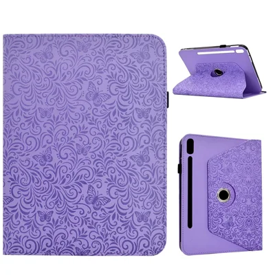 Tablet-Hülle für Samsung Galaxy Tab S9+ / S9 FE+ / S10+ mit Schmetterlings- und Blumenprägung, Ledertasche mit Drehständer und Kartenfach – Helllila