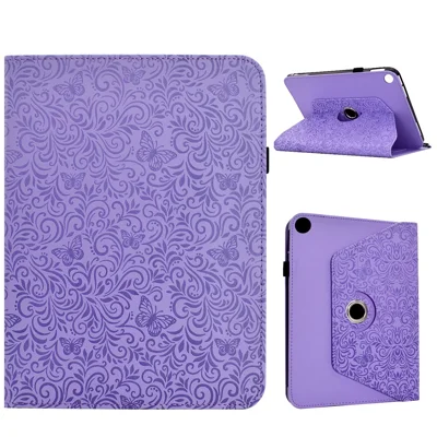 For Samsung Galaxy Tab A9+  /  A11+ Case Butterfly Flower Imrpint Leather Tablet Cover with Rotary Stand Card Holder - Light Purple