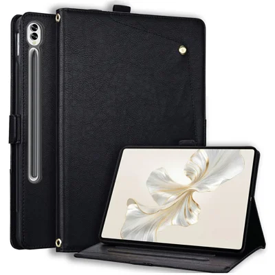 For Samsung Galaxy Tab S9 FE+  /  Tab S10+ Case Front Pocket Business Leather Tablet Cover with Card Holder Stand  - Black