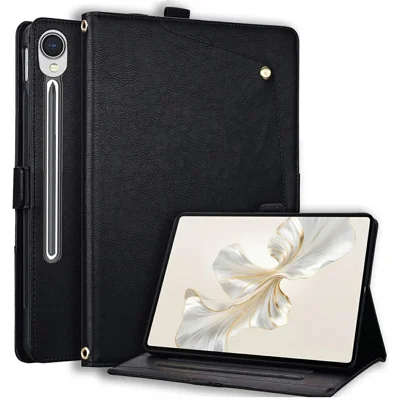 Funda de cuero para tablet Samsung Galaxy Tab S9 FE / Tab S10 FE / Tab S10 Lite con bolsillo delantero, soporte y ranura para tarjetas - Negro