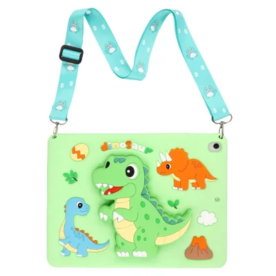 Dinosaurier-Tablet-Hülle für iPad 10,2 (2021) / (2020) / (2019) / iPad Air 10,5 Zoll (2019), ausklappbare Kickstand-Silikonhülle mit Schultergurt