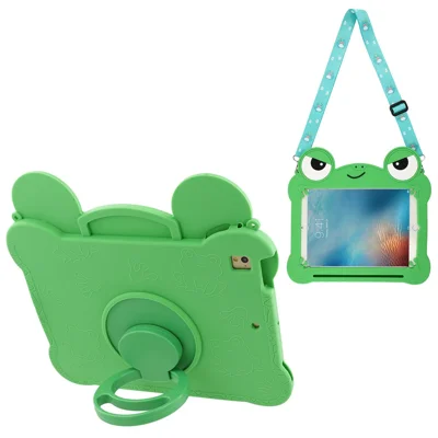 Tablet Case for iPad 9.7-inch (2018) / (2017) / Air 2 / Air (2013) , Rotating Kickstand Cute Frog Design Silicone Cover with Lanyard