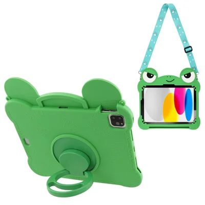 Coque pour iPad (2025) / iPad 10,9 (2022) avec support pivotant, design mignon de grenouille, housse en silicone avec lanière détachable