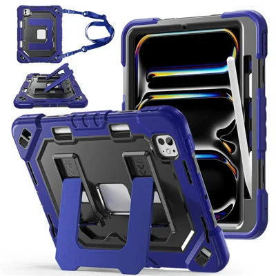 For iPad Pro 11 (2024)  /  Pro 11 (2025) Case Shockproof PC + TPU + Silicone Protective Cover with Shoulder Strap  /  Pen Holder - Navy Blue+Black
