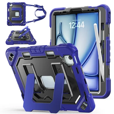 For iPad Air 11 (2026)  /  (2025)  /  (2024)  /  iPad Pro 11 (2022)  /  (2021)  /  (2020)  /  (2018)  /  Air (2022)  /  (2020) Case Shockproof PC + TPU + Silicone Protective Cover with Shoulder Strap  /  Pen Holder - Navy Blue+Black