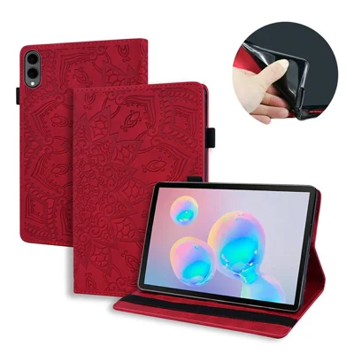 غطاء لجهاز Samsung Galaxy Tab S12+ واقي للوحة بفتحات لوضع البطاقات، غطاء من الجلد بنمط زهور - أحمر