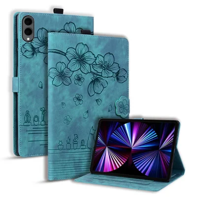 For Samsung Galaxy Tab S12+ Case Card Slots Leather Tablet Stand Folio Cover Flower Cat - Blue