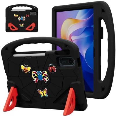 Capa para Tablet em EVA com Insetos em Desenho Animado, com Alça e Suporte, para Xiaomi Redmi Pad SE / Pad 2 11, à Prova de Choque - Preto+Vermelho