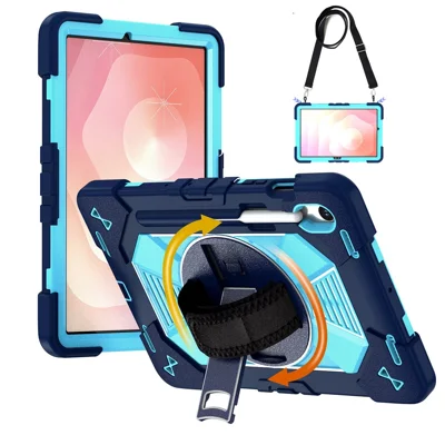 Coque pour tablette Samsung Galaxy Tab S10 / Tab S10 FE / Tab S10 Lite / Tab S9 / Tab S9 FE, support intégré pivotant à 360°, coque anti-choc en PC + silicone avec dragonne / sangle d'épaule - Bleu marine + Bleu ciel