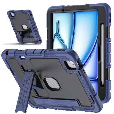 Tablet Case for iPad Air (2022) / (2020) / iPad Pro 11 (2022) / (2021) / (2020) / (2018) , Rugged PC + Silicone Shockproof Cover Built-in Kickstand / Hand Strap - Navy Blue+Black