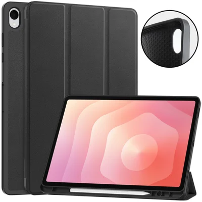 لـ Samsung Galaxy Tab S12+ غطاء واقي بتصميم ثلاثي الطي مع حامل وواقي من السقوط من الزوايا الأربعة من جلد PU مع فتحة لقلم - أسود