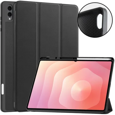Etui trójwarstwowe z uchwytem do tabletu Samsung Galaxy Tab S12 Ultra, ochronna obudowa z czterema narożnikami przeciwupadkowymi z poliuretanu z otworem na pióro - Czarny