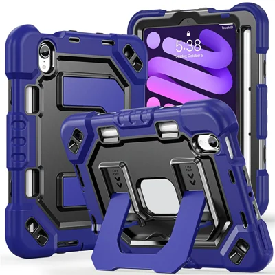 For iPad mini (2024) / (2021) Case Kickstand PC + TPU + Silicone Tablet Cover with Pen Holder - Navy Blue+Black