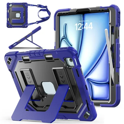 Tablet-Hülle für iPad Air 13 (2026) / (2025) / (2024) / iPad Pro 12,9 (2022) / (2021) / (2020) / (2018) stoßfeste Schutzhülle aus PC + TPU + Silikon mit Schultergurt / Stifthalter – Marineblau + Schwarz