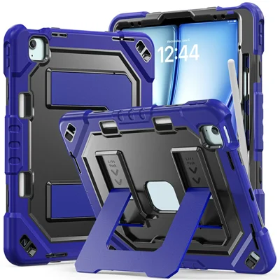 Tablet-Hülle für iPad Air 13 (2026) / (2025) / (2024) / Pro 12,9 (2022) / (2021) / (2020) / (2018) Ständer PC + TPU + Silikonhülle mit Stifthalter – Marineblau + Schwarz